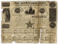 Republic of Texas Bond From 1841 Signed by David Burnet as Acting President